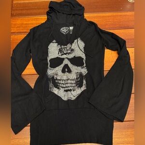 Affliction Crystal Skull Bell Sleeve Long Hooded Sweater Dress